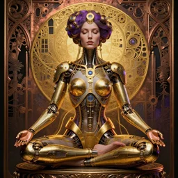 photo of a beautiful female meditating steampunk cyborg, is connected with glowing devices, golden outlines, artwork by james jean, hyperdetailed realistic gold and purple metallic, jean delville, art nouveau, gustav klimt, ornate copper patina gothic icon, james jean, ultrasharp hyperdetailed photorealistic octane render