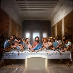 creativity, 13 diverse creatives on one_side of a reflective !creativity table, posing_as_last_supper, inticrate detailed glowing ideas, highly detailed, dramatic lighting, fine details, high details, beautiful lighting