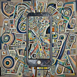 A painting of an iphone, abstract painting in the style of Sophie Taeuber-Arp and Gary Hume and Tatsuro Kiuchi, flat colour-block style, geometric abstraction, earthy colours