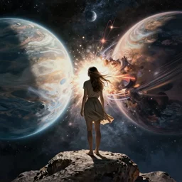 A beautiful woman with long, flowy hair standing on a rock, witnessing two planets colliding in space. illustrated by Greg Rutkowski and Gaston Bussiere, trending on artstation, artstation futurism, artstation photography, subsurface scattering, bottom view, analog photography, 4k, 8k