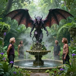a tar demon worshipping a satanic altar atop a fountain in a lush dense verdant garden by tim doyle and victo ngai and dan mumford and james gilleard and greg hildebrandt, bat wings, mist, hyperrealism, volumetric lighting, god rays, ultrafine details, sfumato, purple flowers, overgrown