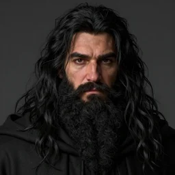 portrait of a 6 0 - year - old giant man with long tangles of bushy black hair and beard hiding most of his face, kind eyes, wearing in black cloak, hyper realistic face, beautiful eyes, character art, art by mark brooks, hyperdetailed, cryengine, trending on artstation, digital art
