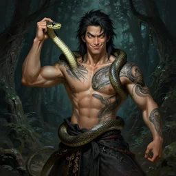 portrait of muscular asian snake tamer, with a big snake tattoo around his body, mischievous, expressive pose, peaceful expression, dark gothic dress, fantasy, intricate, dark forest background, highly detailed, digital painting, artstation, concept art, smooth, sharp focus, illustration, art by artgerm and greg rutkowski and alphonse mucha