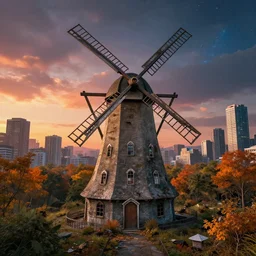 a beautiful photorealistic highly detailed urbex windmill building by alvaro leite siza vieira, tundra vice city biopunk nature tokyo nightsky universe vaporwave reclaimed by nature at fall sunset forest, archdaily, wallpaper, highly detailed, trending on artstation.