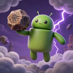 A flying android smiling while holding a boulder, surrounded by clouds and purple lightning, dungeons and dragons, highly detailed, mexican folk art, amazing background, Martin Sandiego