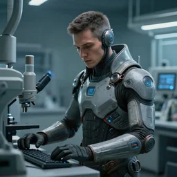 a portrait of a human technician working the laboratory, sci - fi character, cyberpunk suit, concept art, cinematic composition, hyper detailed, matte painting, highly detailed, greg rutkowski, cedric peyravernay, anato finnstark, artstation, 8 k