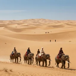 A beautiful painting of nomads riding on elephants through the desert, seen from far away, silk road, desert tribe, wandering, concept art, cinematic composition, extremely detailed, Greg Rutkowski, Marc Simonetti, Sergey Vasnev, artstation, 8k, high resolution
