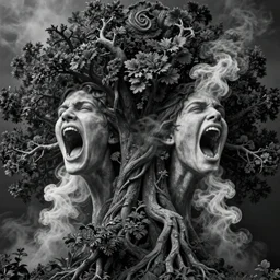 Trees are screaming as the smoke settles. psychedelic digital art, symmetric, monochromatic, matte painting,  hightly detailed, astounding, stunning, cinematic, movie concept art