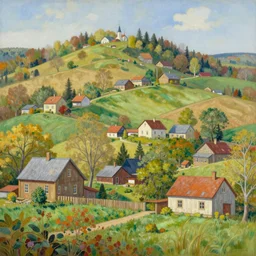 A beautiful country village with hill, houses, trees, farm, painted by of Grandma Moses and Dan Mumford, fine detailed, trending on artstation,