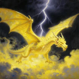 A beautiful, highly detailed, very realistic, very vibrant, oil painting in the style of Afremov of a huge ancient Lightning Dragon with lots of light yellow scales flying around clouds glowing bright yellow in the middle of the pitch black sky during a huge lightning storm, in the middle of the night. Light yellow, and bright yellow color scheme, realistic.