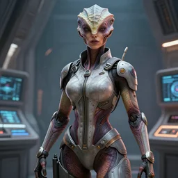 epic professional digital art of stunningly gorgeous female starship mechanic, reptilian skin, by leesha hannigan, iris van herpen, artstation, cgsociety, wlop, epic, much wow, much detail, gorgeous, detailed, masterpiece