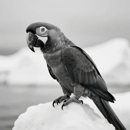 A black and white photo of a Parrot on an iceberg Frank Machalowski