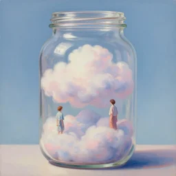 clouds trapped inside a jar. beautiful dreamy pastel painting by james jean and jeremy lipking and ilya kuvshinov