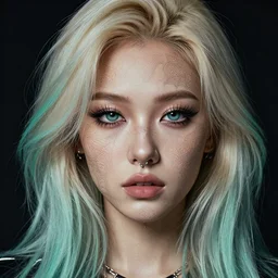 very cool girl blonde hair, mint higlights, eyelash cute makeup, nose piercing, detailed portrait, intricate complexity, by greg rutkowski, artgerm, ross tran, conrad roset, takato yomamoto, ilya kuvshinov. 4 k, beautiful, cinematic dramatic atmosphere