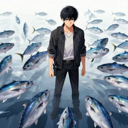 a man herding tuna, artgerm, atompunk, anime style, high quality, highly detailed, high coherence, path traced, beautiful, elegant, geometrically correct, realistic, digital painting, masterpiece, digital art, concept art, unreal engine 5, daytime