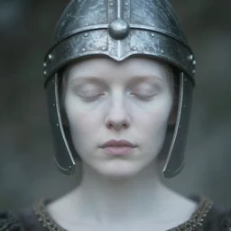 medieval helm, out of focus! photorealistic portrait of a beautiful pale woman by saul leiter, very blurry!, translucent white skin, closed eyes, foggy, pale lips