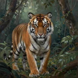 a gorgeous, fantastic, mysterious, tiger in the jungle by victo ngai, trending on artstation, artgerm, oil on canvas, muted colors