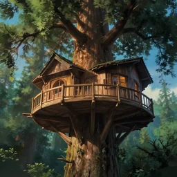beautiful tree house in massive sequoia tree, dynamic lighting, cinematic, establishing shot, extremly high detail, foto realistic, cinematic lighting, post processed, concept art, artstation, matte painting, style by ghibli, myazaki