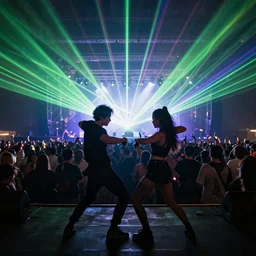 2 friends dancing in front at a concert, there are lasers, croud in the back