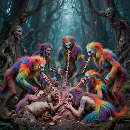 an orgy of colorful, beautiful flesh - eating timikawas with rainbow fur, the timikawas are eating terrified humans, the setting is a whimsical forest with trees made of human limbs and heads, nightmare scene, supernatural, highly detailed digital art, creepy, terrifying, by david cronenberg
