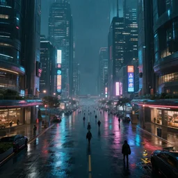 a cyberpunk sci-fi city plaza on a rainy night, high definition, high detail, photorealistic, 8k