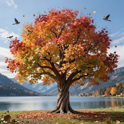 a beautiful awesome artistic tree in the fall with falling flowers like leaves and many birds, all in the amazing outdoors view, mountain in the background, lake, long exposure, 8 k resolution, trending on artstation