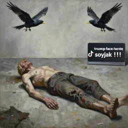 painting of disturbing figure lying on concrete ground, decrepit, corpse-like, by jon hale, beksinski, giger, epic, flying birds, tweeting, trump reaction video tiktok, 'trump face reacting'!!! soyjak!!!