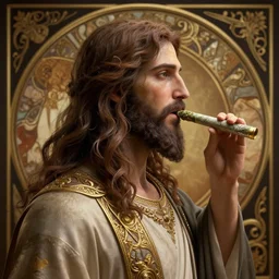 jesus christ incredibly high off a fat marijuana blunt by hajime isayama, profile photo, redshift render, intricate details, elegant, cinematic lighting, highly detailed, artstation, cgsociety, sharp focus, photograph by artgerm, gerald brom, alphonse mucha