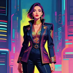 a woman in a traditional suit, cyberpunk art by adam manyoki, cgsociety, funk art, sci - fi, synthwave, ilya kuvshinov
