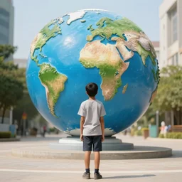 a boy standing in front of a new world
