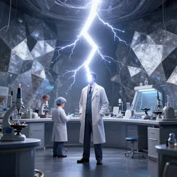 doctor frankensteins laboratory, lightning bursts, polygonal iron steel walls, by peter mohrbacher dan mumford craig mullins nekro, cgsociety, pixiv, volumetric light, 3 d render