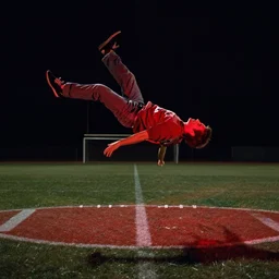a still from the breakfast club ( 1 9 8 5 ) of a man lifelessly floating 1 0 feet above a football oval at night, illuminated by a red light