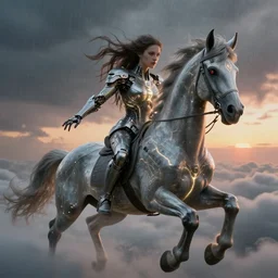 biblical diabolical shy beautiful female valkyree android, on a pegasus, jump, heavy eyes to the side, closeup, bright glowing veins, in clouds, rain, sunset, portrait, by gerald brom, by mikhail vrubel, by peter elson, muted colors, extreme detail, reflections, trending on artstation, 8 k