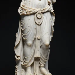 a complex and baroque statue of the goddess Astarte in white marble, intrincate and ornate, studio lighting, museum photography, 4k, black background, 90mm, sharp focus
