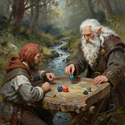 fantasy halfling dice gambling with a white haired dwarf next to a shallow creek, oil painting, greg rutkowski, highly detailed, colorful, unreal engine, octane render, dramatic lighting, cinematic composition,