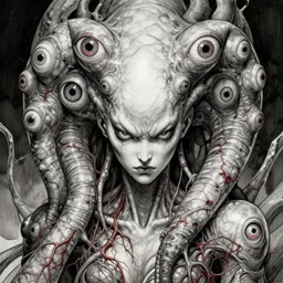 naraka buddhist demon korean female, angry female alien, multiple eyes, tubular creature, blood vessels, no face, dystopian surrealism, alex ries zdzisław beksinski, symmetrical long head, smooth marble surfaces, smooth marble surfaces, detailed ink illustration, detailed ink illustration, raiden metal gear, cinematic smooth stone, deep aesthetic