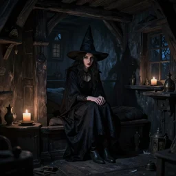 a witch sitting in the shadows on the inside of a dark cottage at night, highly detailed interior, by Bastien LeCouffe-Deharme, hyperrealistic
