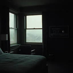 gregory crewdson interior photography, cassette futurism, cosmic psychedelic horror, crowded hotel room painted black, wide open window harsh light, edward hopper liminal space, atmospheric haze, film. film still, 1 6 mm cinematography