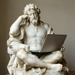 photo of a richly detailed sitting marble statue of a facepalming his slow laptop on his lap by leonardo davinci