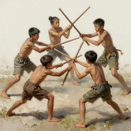 half dozen kids playing fight with sticks. caotic fight intricate, elegant, highly detailed, digital painting, artstation, concept art, sharp focus, illustration, by justin gerard and artgerm, 8 k