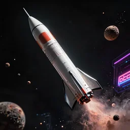 rocket ship in space running into a comet, photo realistic, 8k, artstation, Blade runner, neon signs in the distance, dark, cinematic, high contrast, epic
