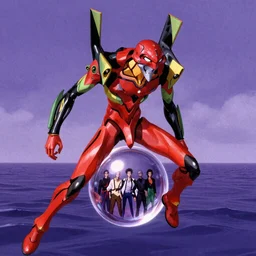 evangelion, red alien angel ball flys over purple sea, photorealistic by james gurney, michael komarck, greg rutkowski, victo ngai, artgerm, willem claesz heda and j. dickenson