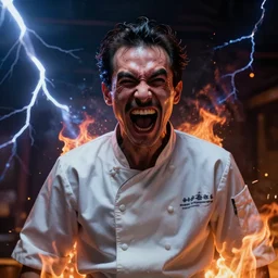 photorealistic led dark kafkaesque dystopian portrait of crazy teppanyaki chef laughing manically and yelling. lightning and fire everywhere. high quality digital art.