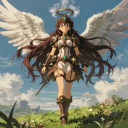 ! dream steampunk angel anime girl with a halo made out of steam, extremely detailed, hdr, anime, studio ghibli, lush, pretty, long hair, full body portrait, cinematic lighting, sky, grass, clouds, posing, epic, intense, sharp focus,