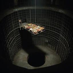 a vertical prison in a pit with a hole in the center where every day a platform full of food goes up and down. dark style, filmography, cinematic lighting, side view