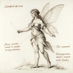 detailed sketch, study of a fairy, in the style of leonard da vinci, with annotations, comments, notes