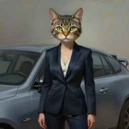 epic professional digital art of female human - cat hybrid animal wearing suit, jumpsuit, humanoid car head, cat ears, painting, by leesha hannigan, iris van herpen, artstation, cgsociety, wlop, epic, much wow, much detail, gorgeous, detailed, cinematic, masterpiece