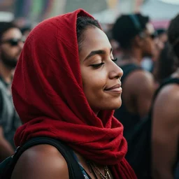 a ultra high resolution close - up of beautiful young black woman standing in crowd of psytrance music festival. left upper torso profile photo. her eyes are closed. her face is partially obscured by a red scarf, and she has a smiling expression. the light is dim, and the colours are muted. kodak etkar 1 0 0.