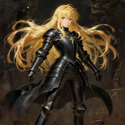 baroque oil painting japanese light novel cover illustration anime key visual full body action shot | military dictator young girl wearing black crusader armour with long flowing blonde hair | lotr gapmoe kuudere moody lighting bokeh stunning highlights sharp contrast | trending pixiv fanbox | by makoto shinkai greg rutkowski takashi takeuchi ufotable studio ghibli