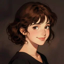 a beautiful girl with short curly brown hair in a ponytail, a pointy chin, smiling sweetly, dramatic lighting, illustration by Greg rutkowski, yoji shinkawa, 4k, digital art, concept art, trending on artstation